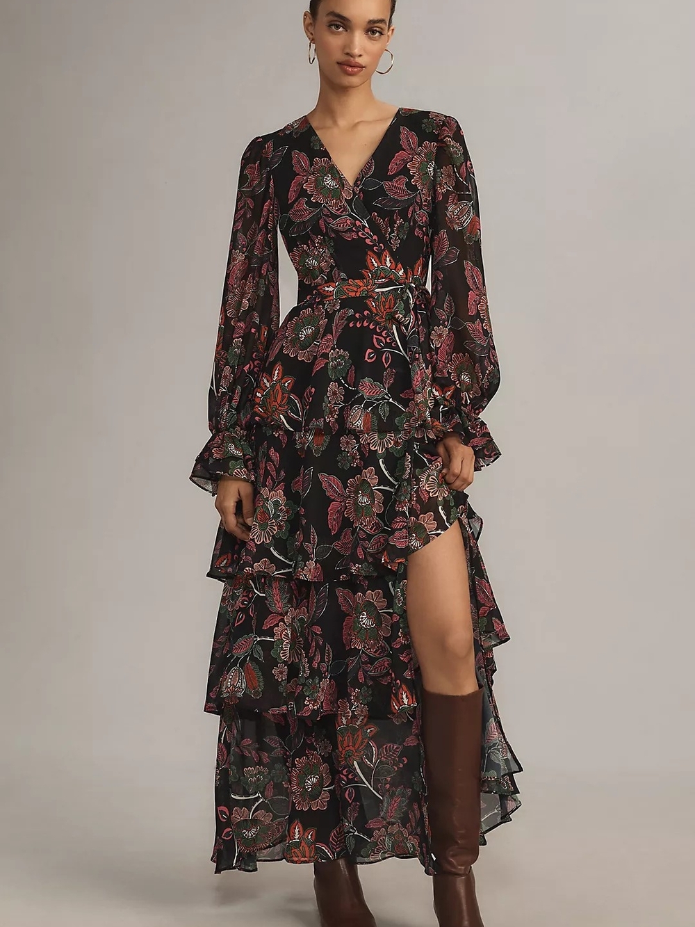 Hutch Long Sleeve V Neck Floral Wrap Maxi Dress Tiered Ruffles Small